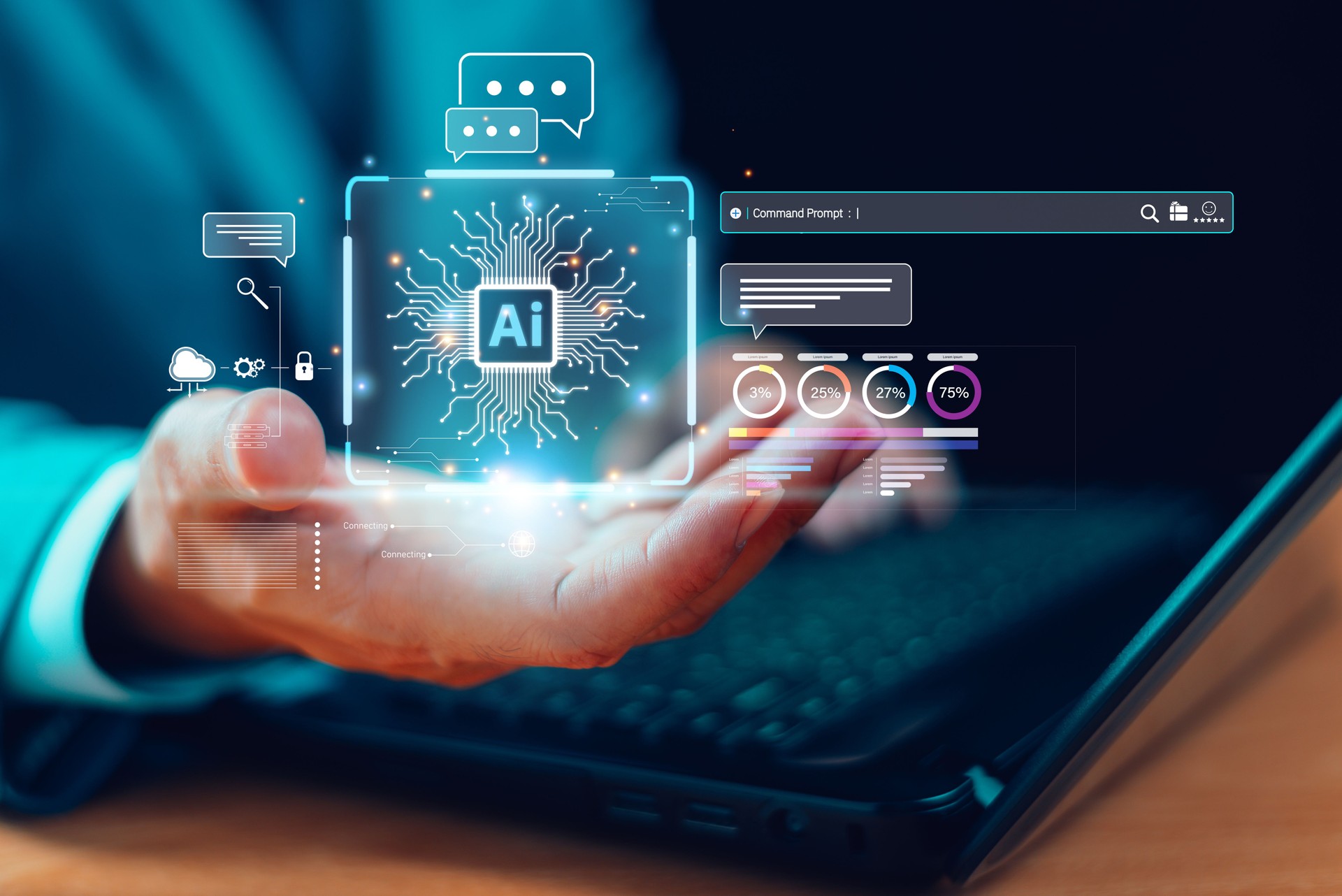 AI tech help business concept. Artificial intelligence technology assistance. Technology customer service.  Businessman connect robot Chat AI, command prompt generates futuristic transformation